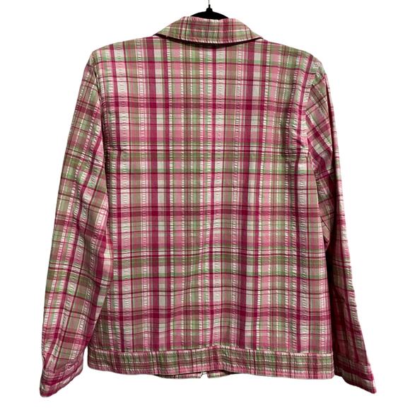 Breckenridge Womens Zip Up Collared Shacket Medium Pink Green Plaid Preppy Thin - Picture 9 of 11
